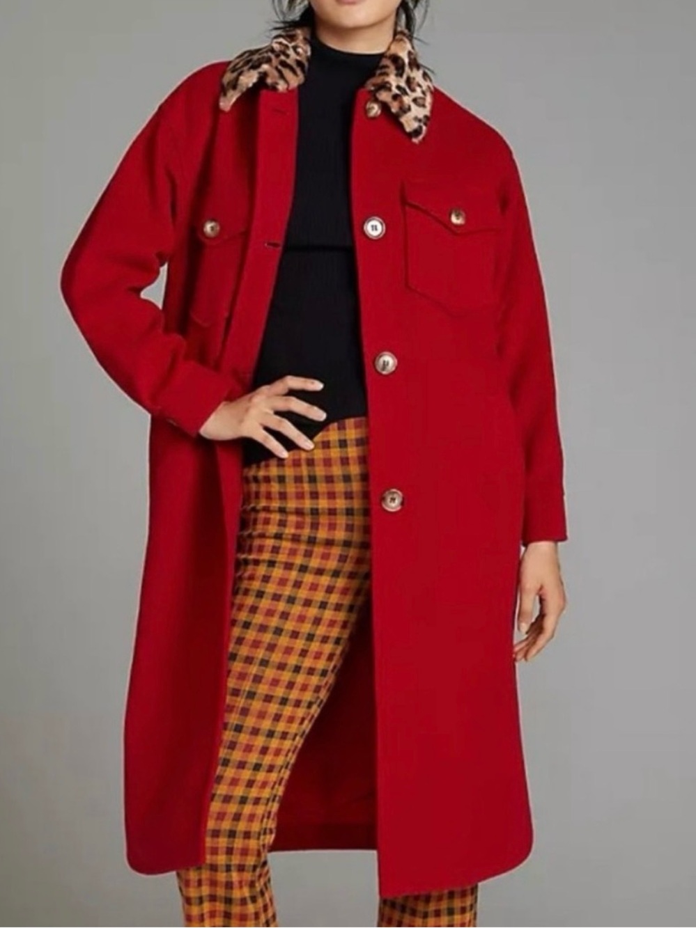 Helen Berman London x Anthropologie wool Red Pea Coat with Leopard Collar XS EUC